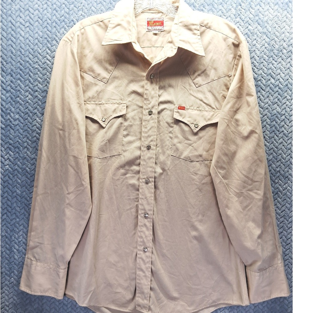 Vintage Ely Plains Mens Tan Western Pearl Snap Shirt Long Sleeve Khaki 15.5-34